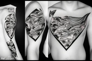 ocean theme tattoo with negative space, and some incorporation of astronomy, shark, and geometry tattoo idea