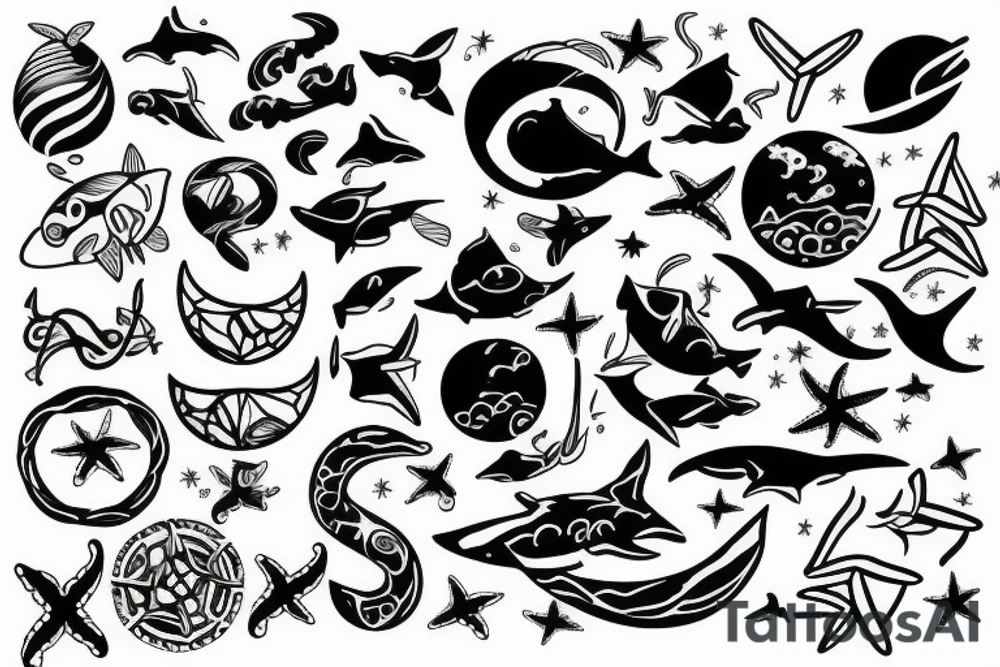 ocean theme tattoo with negative space, and some incorporation of astronomy, shark, and geometry on my left forearm sleeve tattoo idea