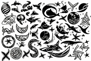 ocean theme tattoo with negative space, and some incorporation of astronomy, shark, and geometry on my left forearm sleeve tattoo idea