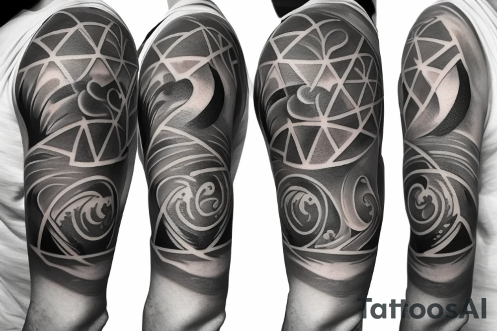 ocean theme tattoo with negative space, and some incorporation of astronomy, shark, and geometry on my left forearm sleeve tattoo idea