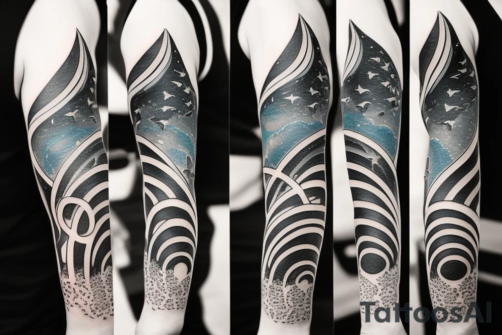 ocean theme tattoo with negative space, and some incorporation of astronomy, shark, and geometry only on my left forearm sleeve. Lots of detail tattoo idea