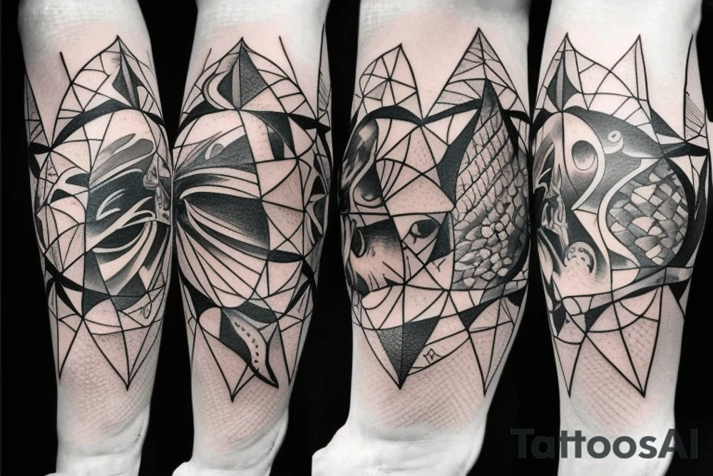 ocean theme tattoo with negative space, and some incorporation of astronomy, shark, and geometry on forearm sleeve. Lots of detail and angles tattoo idea