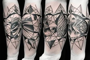 ocean theme tattoo with negative space, and some incorporation of astronomy, shark, and geometry on forearm sleeve. Lots of detail and angles tattoo idea