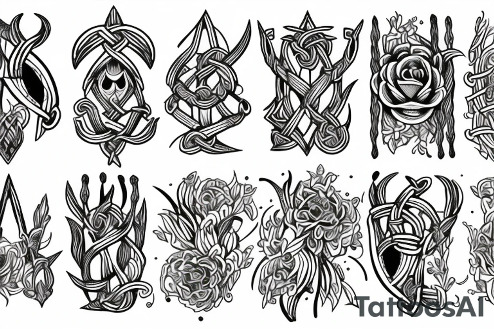 Wepons of vikings with flowers tattoo idea