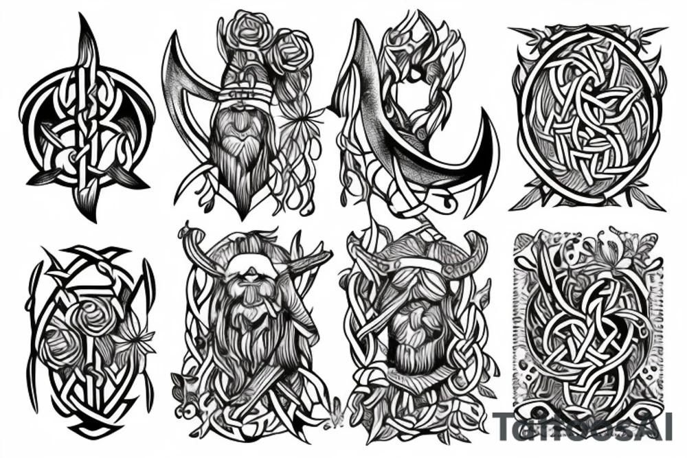 Wepons of vikings with flowers tattoo idea