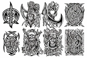 Wepons of vikings with flowers tattoo idea