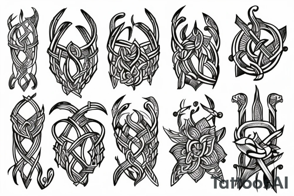 Wepons of vikings with flowers tattoo idea