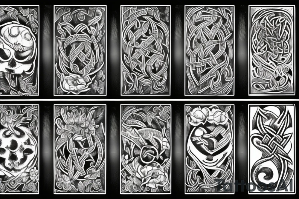 Wepons of vikings with flowers tattoo idea