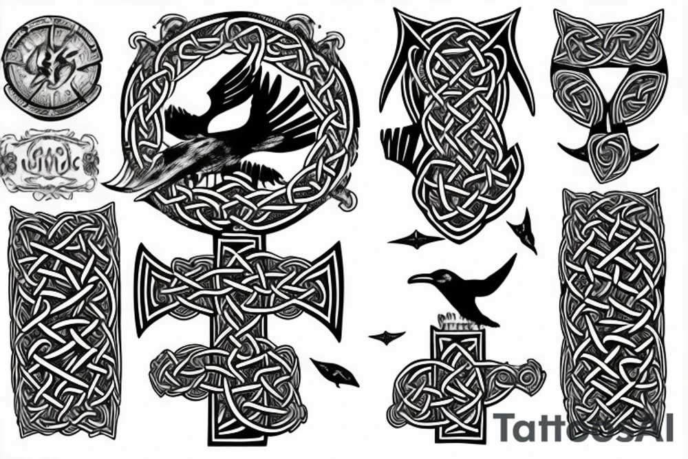 Arm sleeve of a celtic cross, a raven, a rose, and scythe with a whale shark tattoo idea