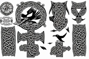 Arm sleeve of a celtic cross, a raven, a rose, and scythe with a whale shark tattoo idea