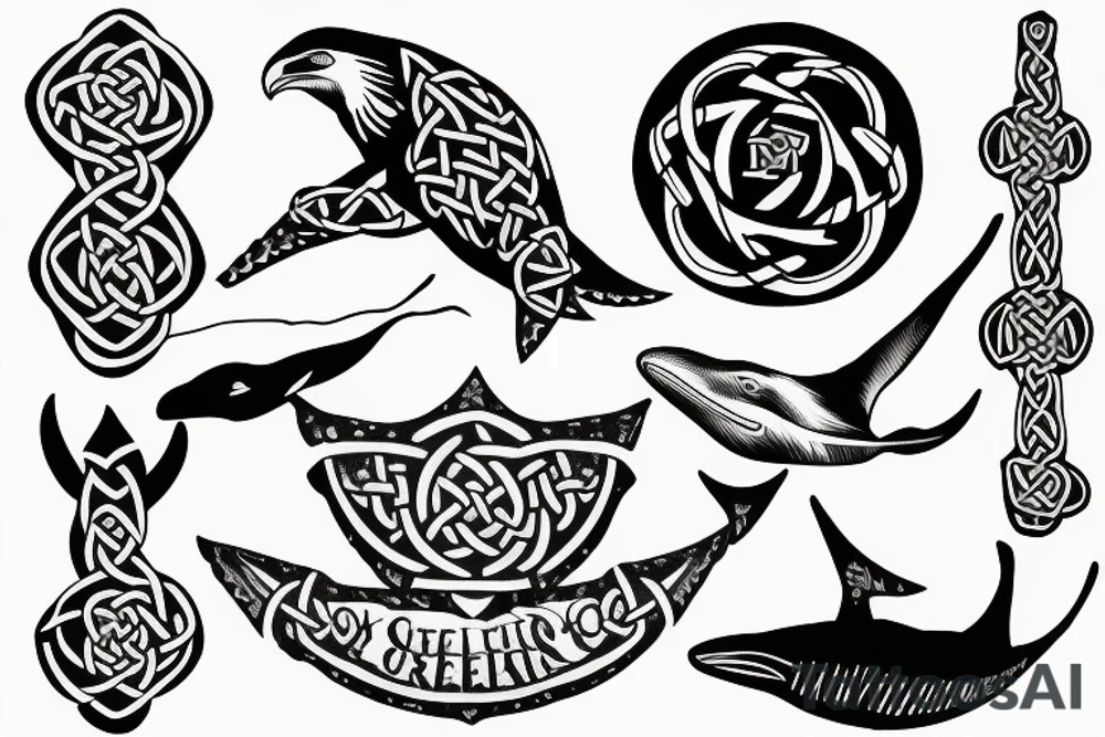 Arm sleeve of a celtic cross, a raven, a rose, and scythe with a whale shark tattoo idea