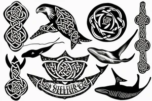 Arm sleeve of a celtic cross, a raven, a rose, and scythe with a whale shark tattoo idea
