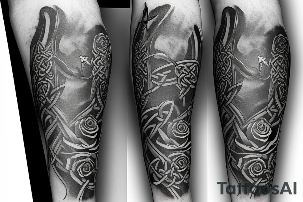 Arm sleeve of a celtic cross, a raven, a rose, and scythe with a whale shark tattoo idea