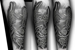 Arm sleeve of a celtic cross, a raven, a rose, and scythe with a whale shark tattoo idea