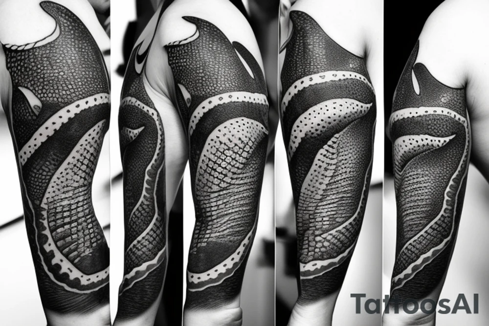 Arm sleeve of a whale shark, cross, and crow tattoo idea