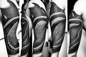 Arm sleeve of a whale shark, cross, and crow tattoo idea