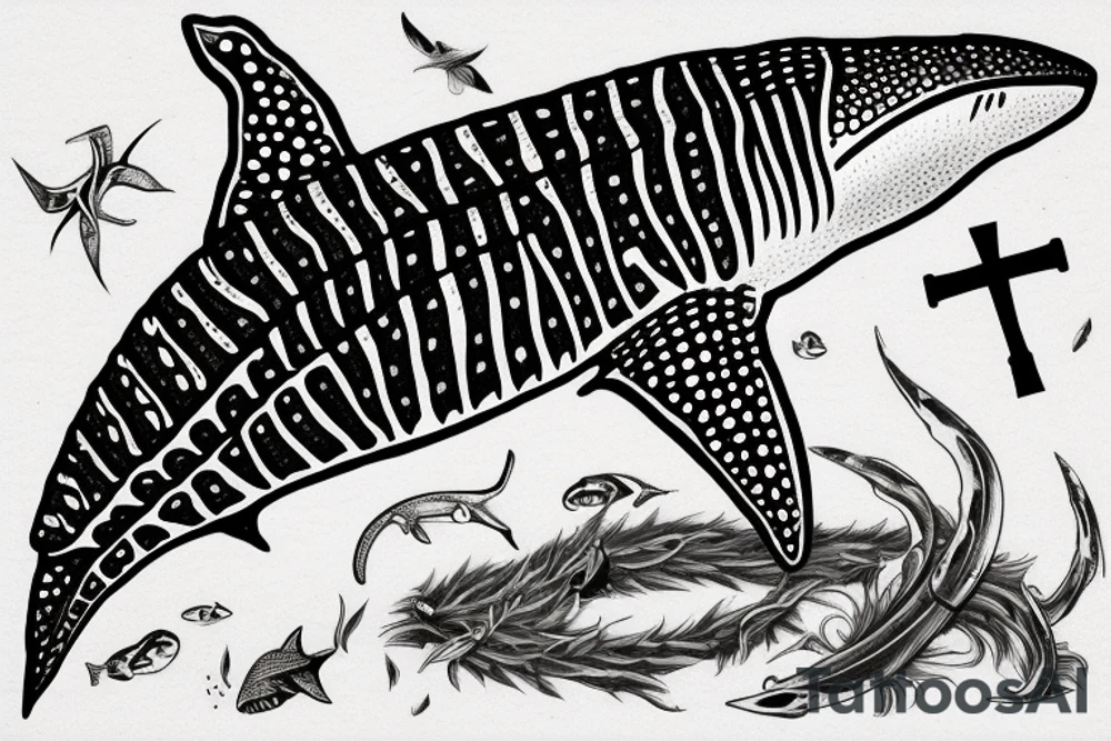 whale shark with a scythe and a cross tattoo idea