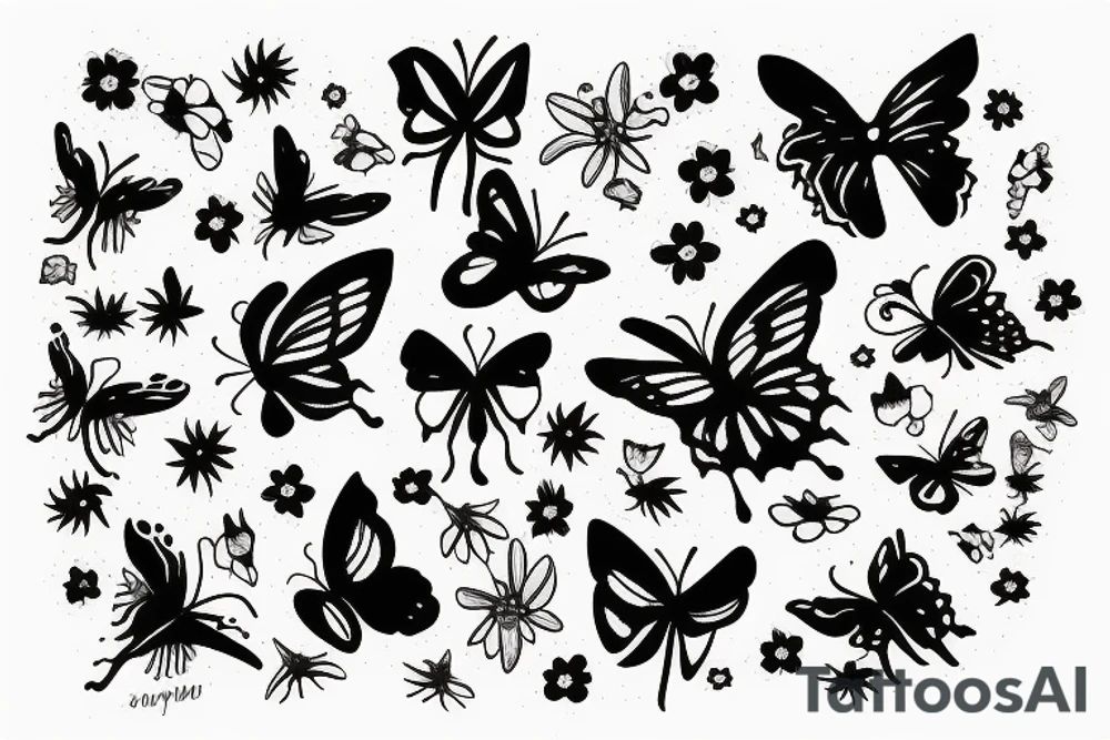 Big butterfly in the middle, moon above, flowers under tattoo idea