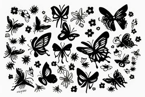 Big butterfly in the middle, moon above, flowers under tattoo idea