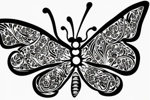 Big butterfly in the middle, moon above, flowers under tattoo idea