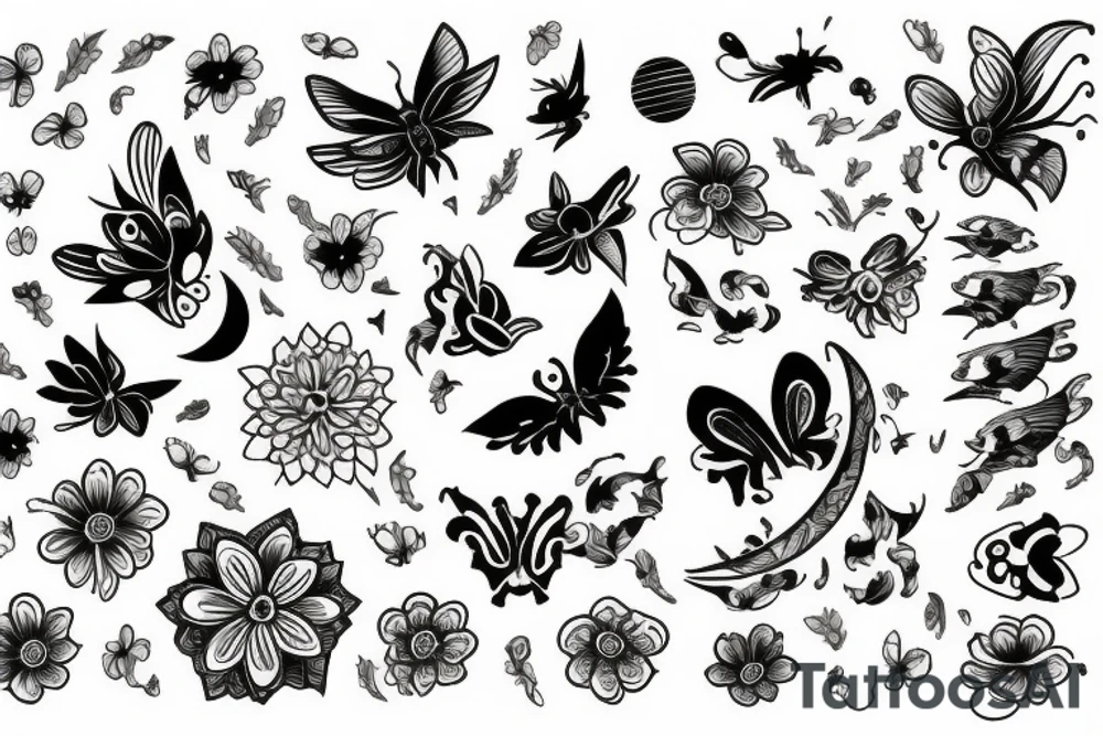 Big tattoo for back butterfly in the middle, moon above, flowers under tattoo idea