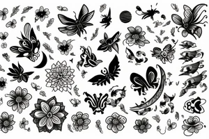Big tattoo for back butterfly in the middle, moon above, flowers under tattoo idea
