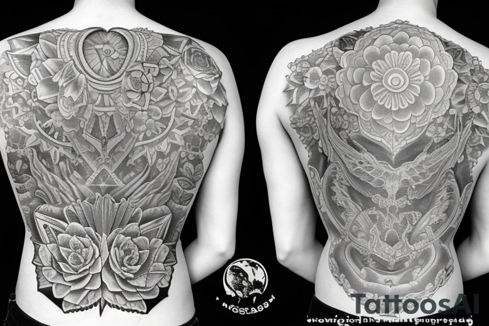 Big tattoo for back butterfly in the middle, moon above, flowers under tattoo idea