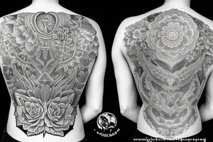 Big tattoo for back butterfly in the middle, moon above, flowers under tattoo idea