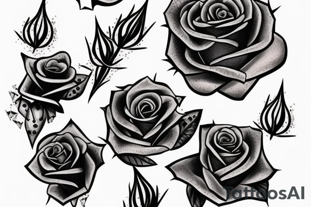 rose with blue glitters and spikes tattoo idea