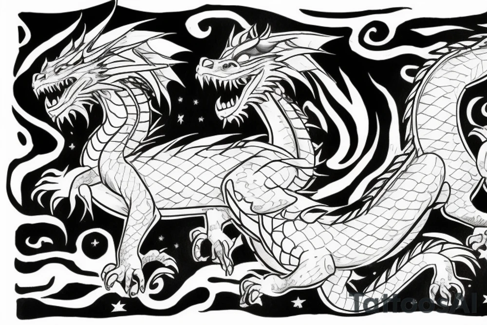 a dragon and a lion rising from the planet to meet in the heavens tattoo idea
