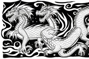 a dragon and a lion rising from the planet to meet in the heavens tattoo idea