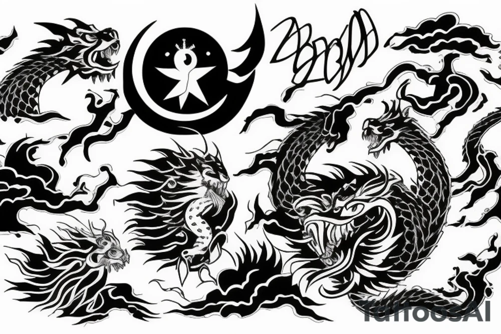 a dragon and a lion rising from vietnam and cambodia to meet in the heavens tattoo idea