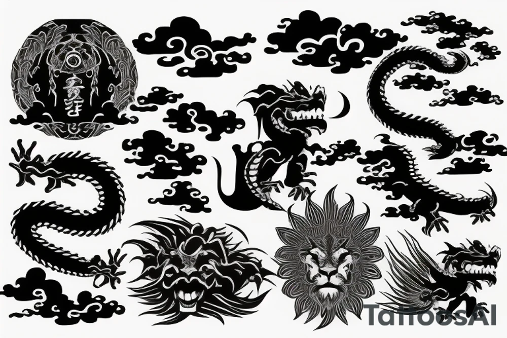 a dragon and a lion rising from vietnam and cambodia to meet in the heavens tattoo idea
