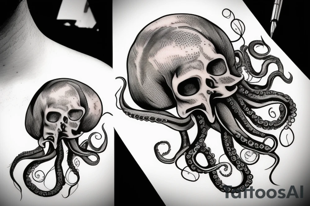 Octopus on skull with plants and water tattoo idea
