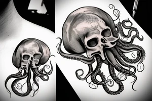 Octopus on skull with plants and water tattoo idea