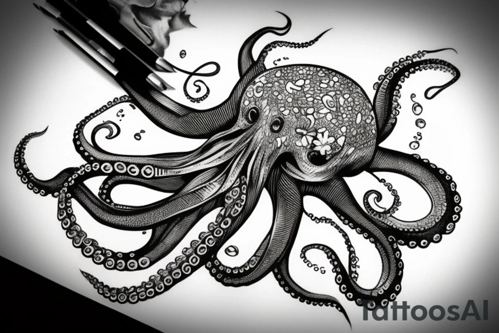 Octopus on skull with plants and water tattoo idea