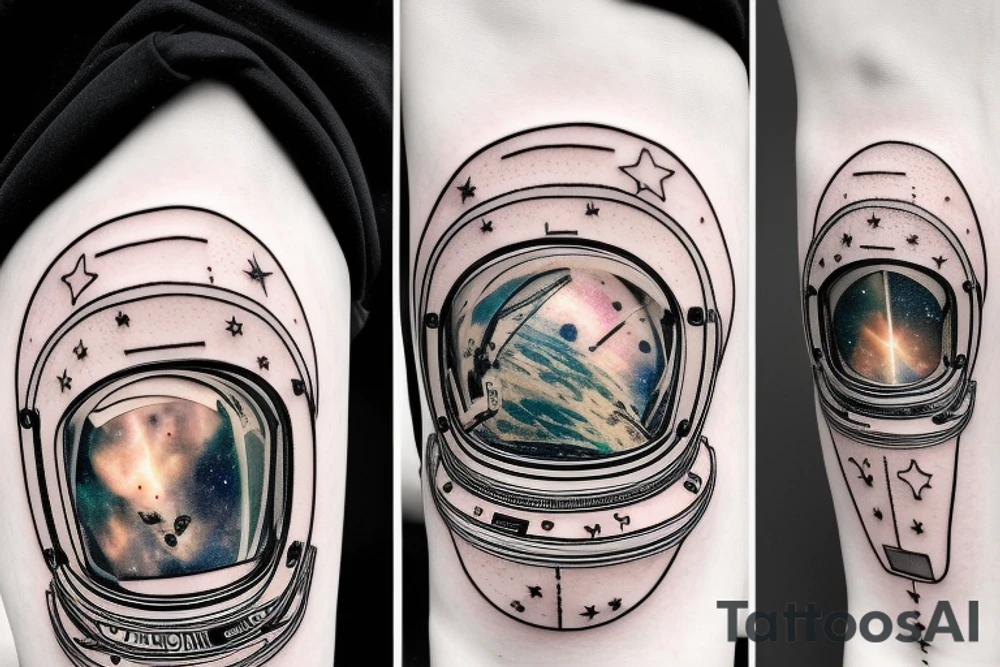 galaxies reflected in astronaut visor, facing camera tattoo idea