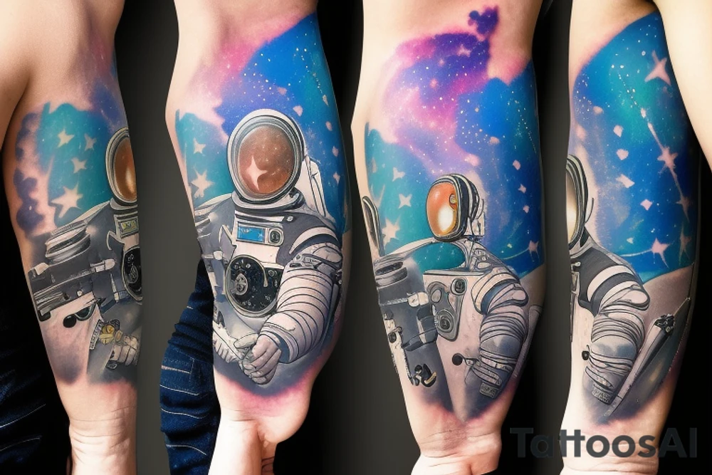 galaxies reflected in astronaut visor, facing camera tattoo idea