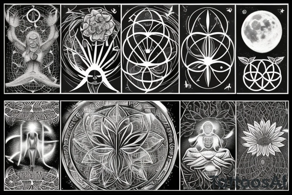 The lotus, the moon cycle, sun, cancer, chakras, non-duality, tree of life, flower of life, butterflies, arrows, dangling things, and a lot of symbols tattoo idea