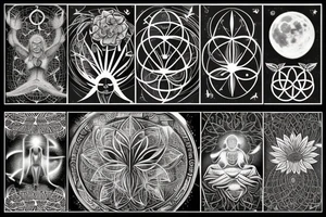 The lotus, the moon cycle, sun, cancer, chakras, non-duality, tree of life, flower of life, butterflies, arrows, dangling things, and a lot of symbols tattoo idea
