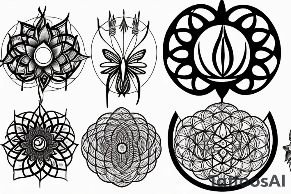 The lotus, the moon cycle, sun, cancer, chakras, non-duality, tree of life, flower of life, butterflies, arrows, dangling things, and a lot of symbols tattoo idea