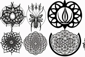 The lotus, the moon cycle, sun, cancer, chakras, non-duality, tree of life, flower of life, butterflies, arrows, dangling things, and a lot of symbols tattoo idea