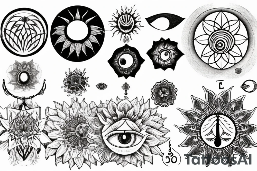 The lotus, the moon cycle, sun, cancer, chakras, non-duality, tree of life, flower of life, butterflies, arrows, dangling things, eye of horus tattoo idea