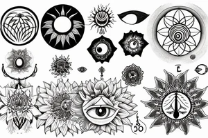The lotus, the moon cycle, sun, cancer, chakras, non-duality, tree of life, flower of life, butterflies, arrows, dangling things, eye of horus tattoo idea