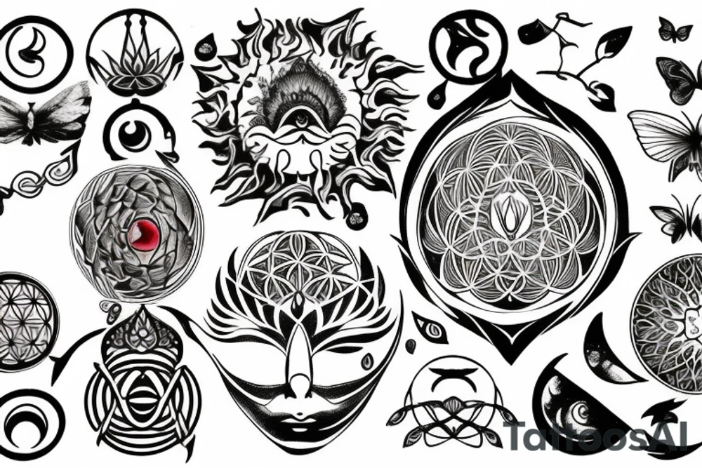 The lotus, the moon cycle, sun, cancer, chakras, non-duality, tree of life, flower of life, butterflies, arrows, dangling things, eye of horus tattoo idea