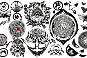 The lotus, the moon cycle, sun, cancer, chakras, non-duality, tree of life, flower of life, butterflies, arrows, dangling things, eye of horus tattoo idea