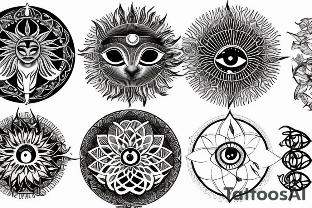 The lotus, the moon cycle, sun, cancer, chakras, non-duality, tree of life, flower of life, butterflies, arrows, dangling things, eye of horus tattoo idea