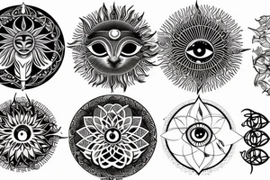 The lotus, the moon cycle, sun, cancer, chakras, non-duality, tree of life, flower of life, butterflies, arrows, dangling things, eye of horus tattoo idea