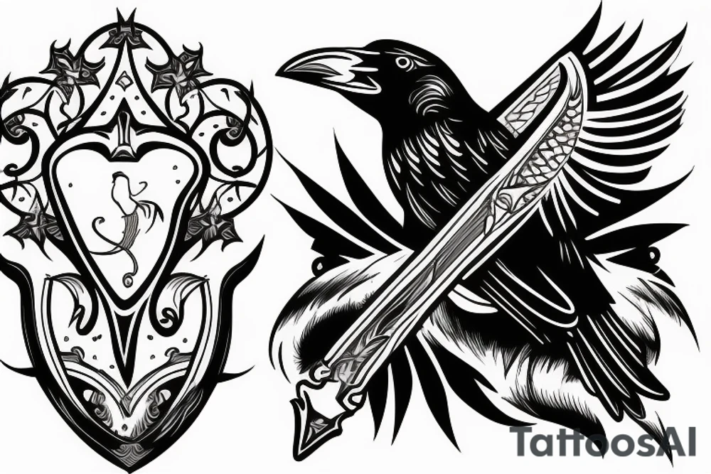 a crow with a sword in the middle tattoo idea