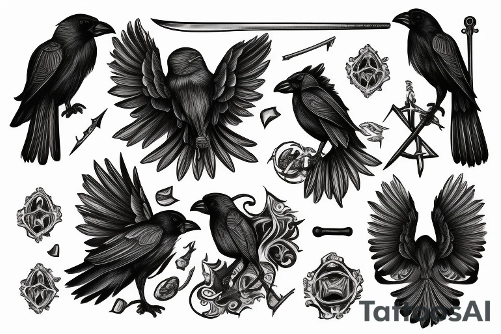a crow with a sword in the middle tattoo idea